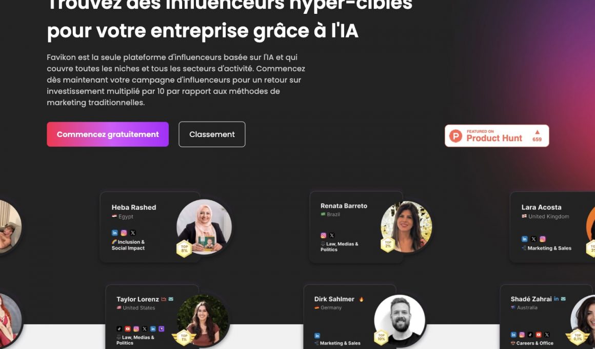Page web de plateforme d'influenceurs avec IA