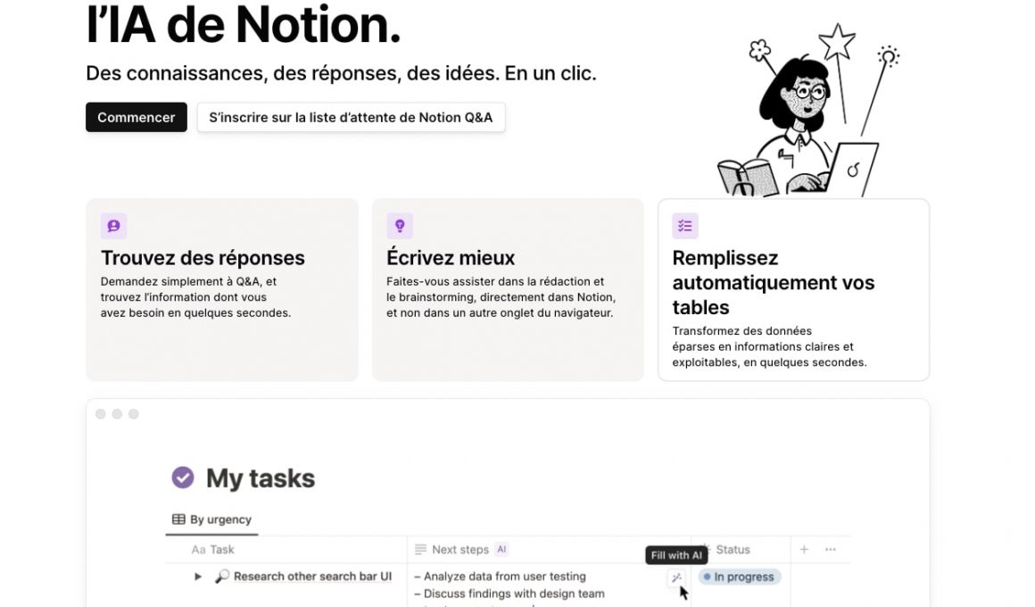 Interface utilisateur Notion avec fonctionnalités d'IA.