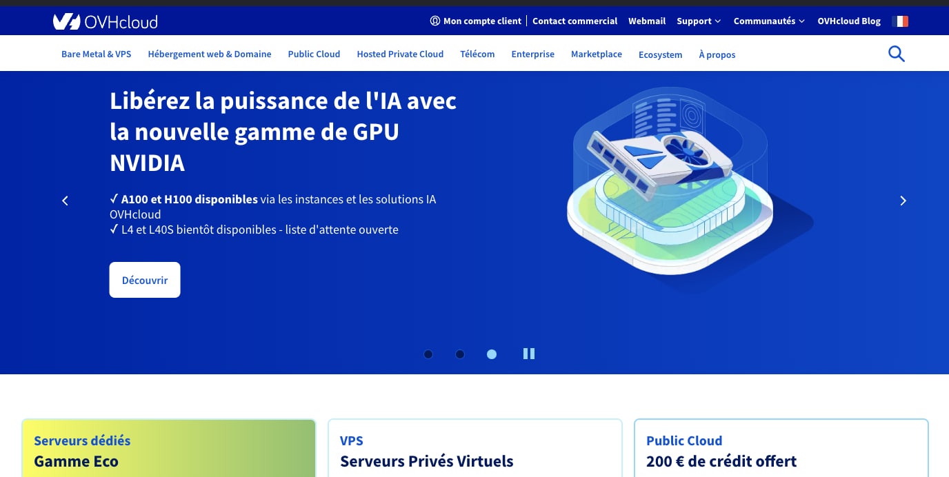 Page d'accueil OVHCloud, solutions GPU NVIDIA.