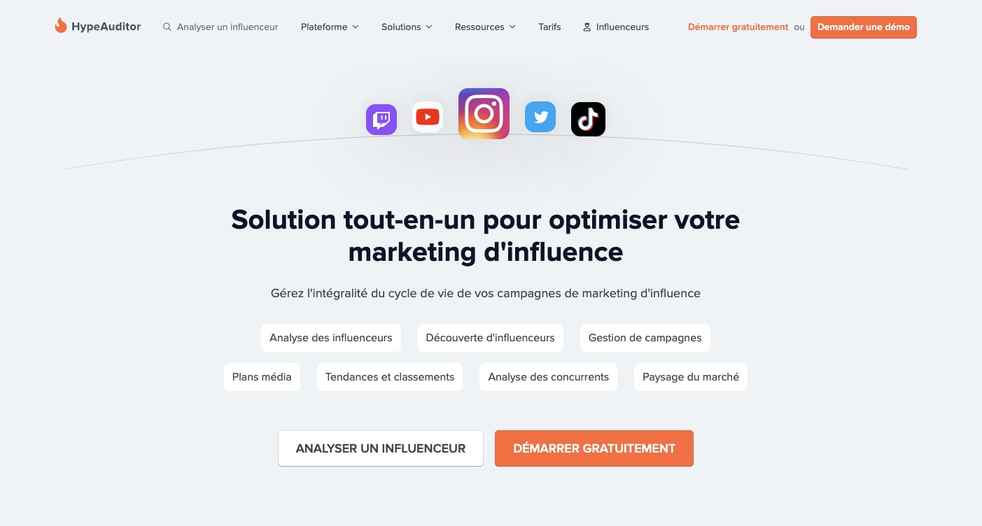 Page web HypeAuditor marketing d'influence.