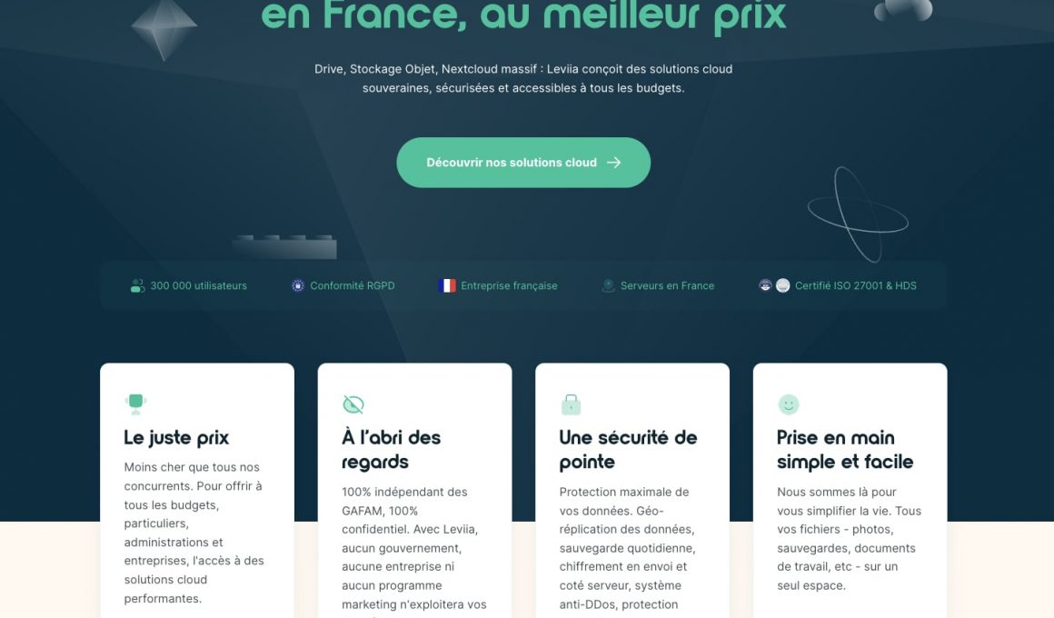 Page web promotionnelle sur le stockage cloud français.