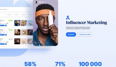Interface plateforme marketing influenceurs avec homme produit.