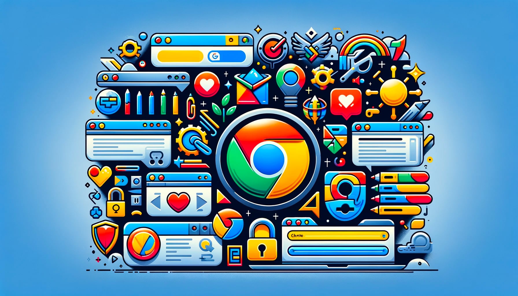 Illustration colorée d'éléments web et navigateur.