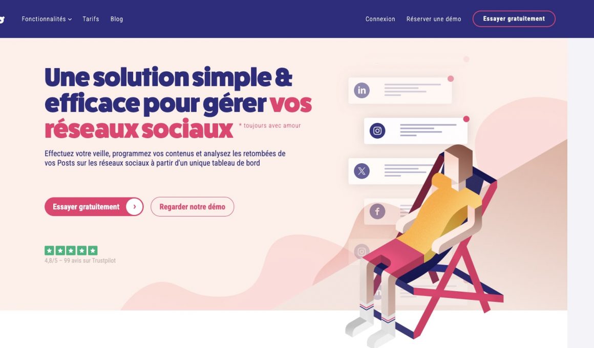 Gestion réseaux sociaux, illustration personnage détendu.
