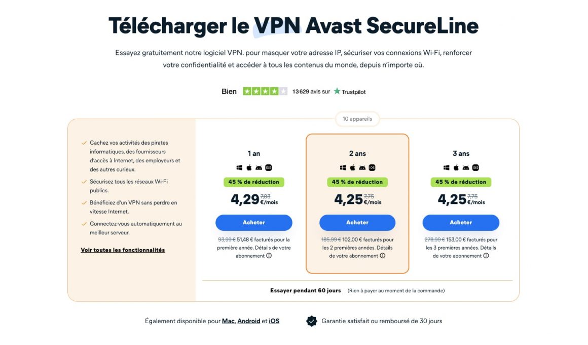 Page promotionnelle pour VPN Avast SecureLine.