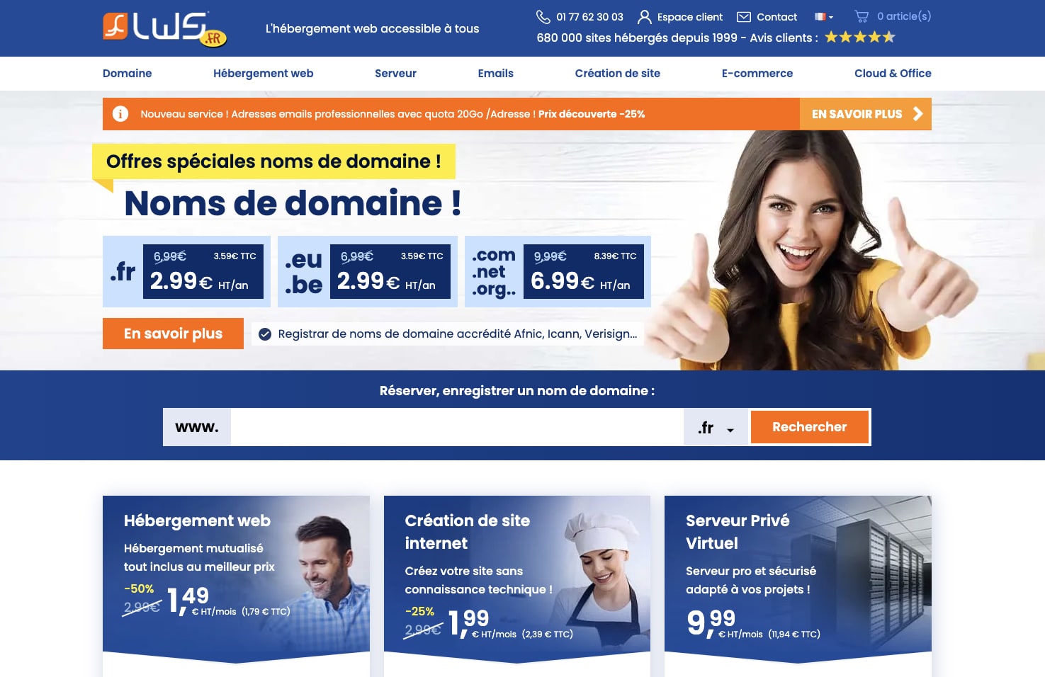 Page web offres d'hébergement et domaines.