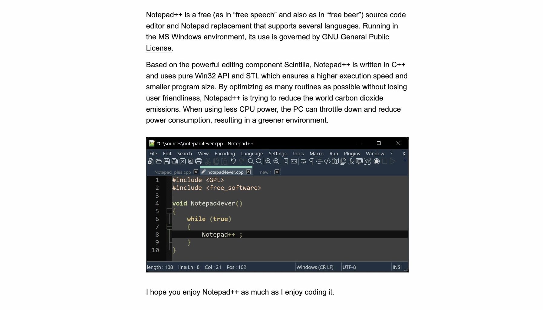 Capture de l'éditeur de texte Notepad++.