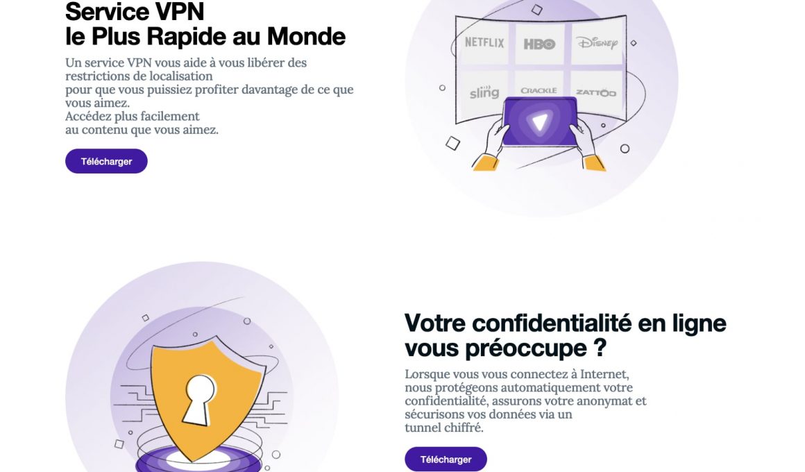 Publicité pour service VPN avec fonctionnalités et bouton télécharger.