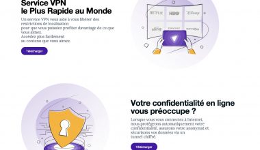 Publicité pour service VPN avec fonctionnalités et bouton télécharger.