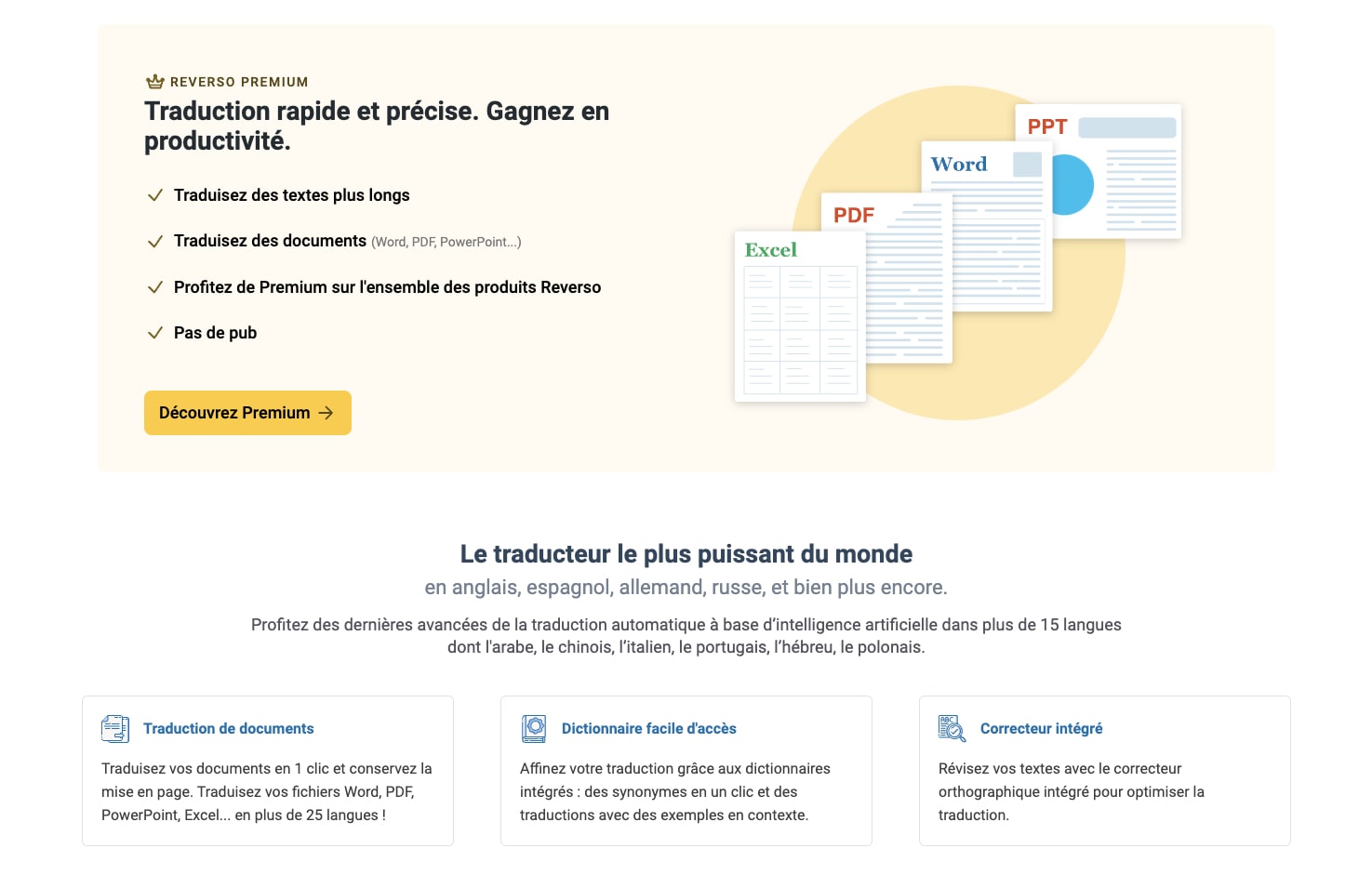 Publicité pour le service de traduction Reverso Premium.