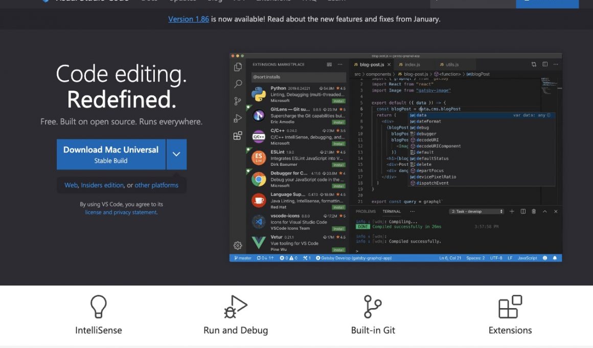 Page d'accueil Visual Studio Code.