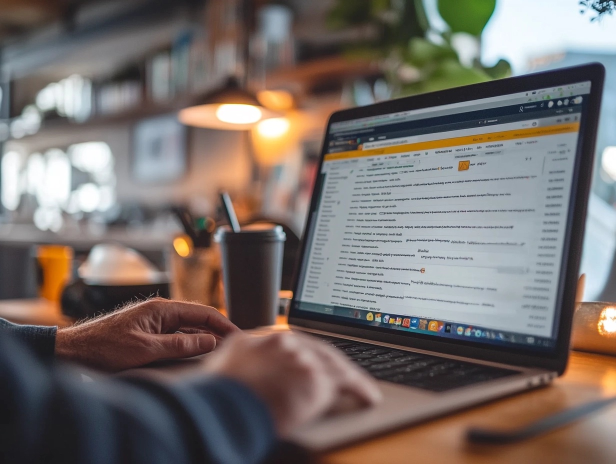 Personne utilisant un ordinateur portable au café.