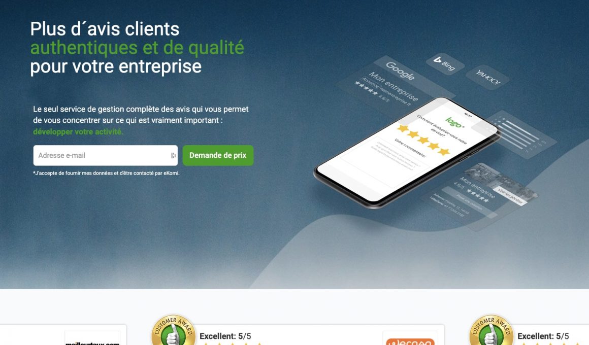 Smartphone affichant avis clients sur site eKomi.