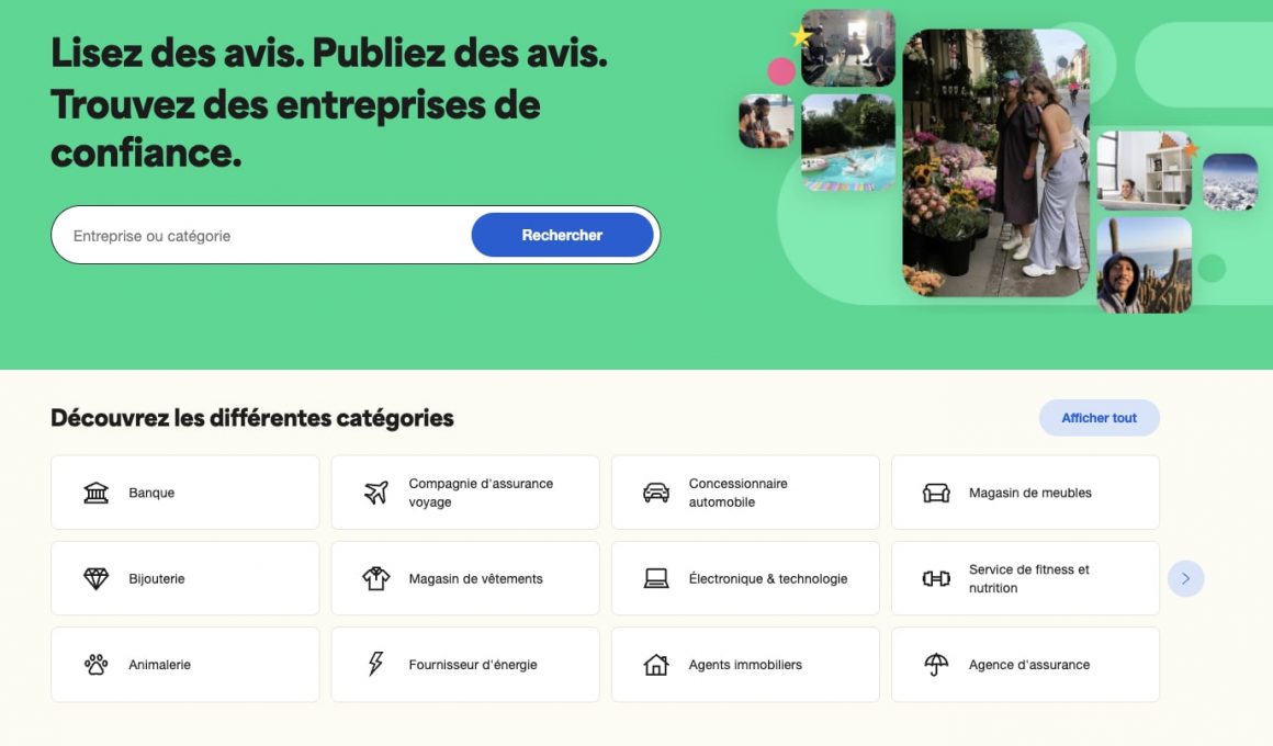 Interface Trustpilot avec options de recherche et catégories.