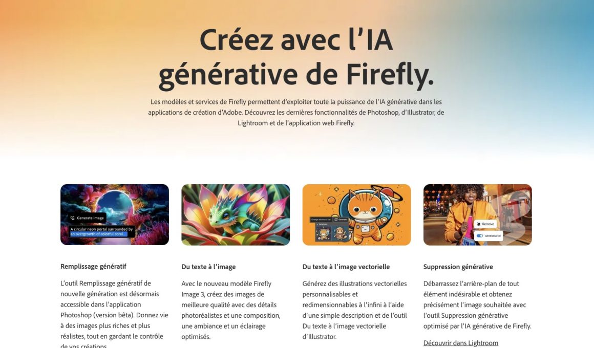 Page de l'IA générative Firefly d'Adobe.