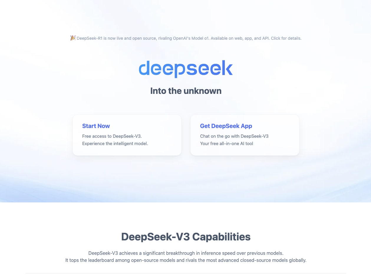 Page d'accueil de DeepSeek-V3 disponible.