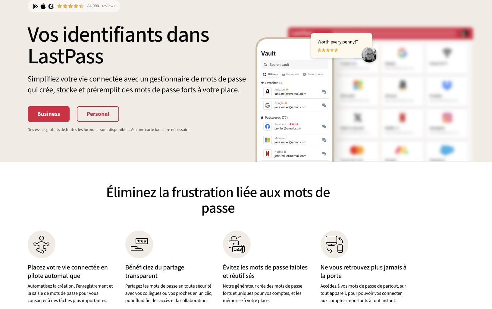 Interface LastPass simplifiant la gestion de mots de passe.