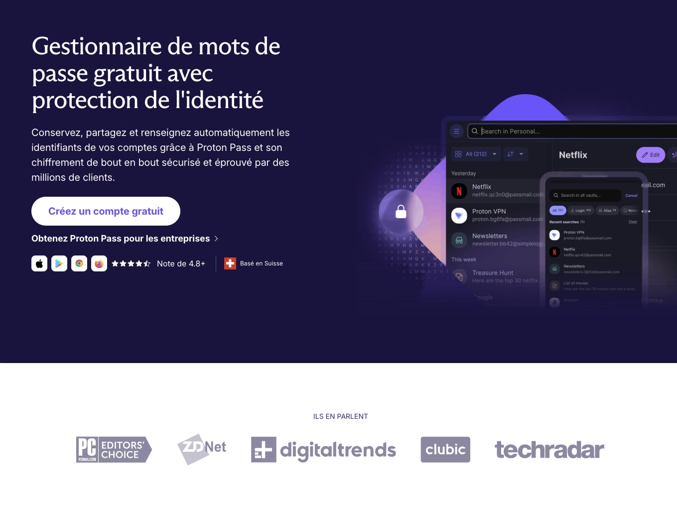 Proton Pass, gestionnaire de mots de passe gratuit.