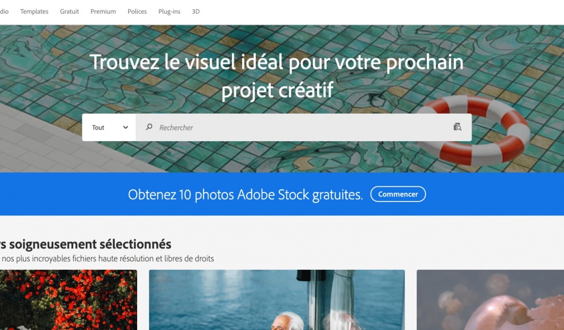 Page d’accueil Adobe Stock avec barre de recherche