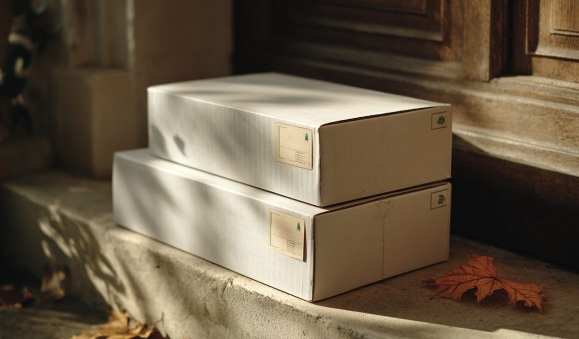 Deux colis sur un seuil avec feuilles d'automne.