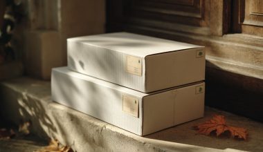 Deux colis sur un seuil avec feuilles d'automne.