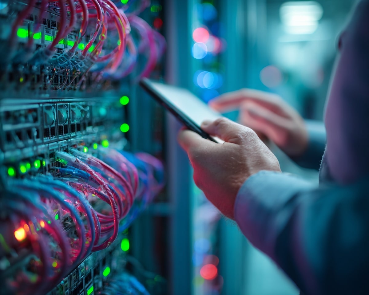 Technicien vérifiant câbles réseau et tablette.