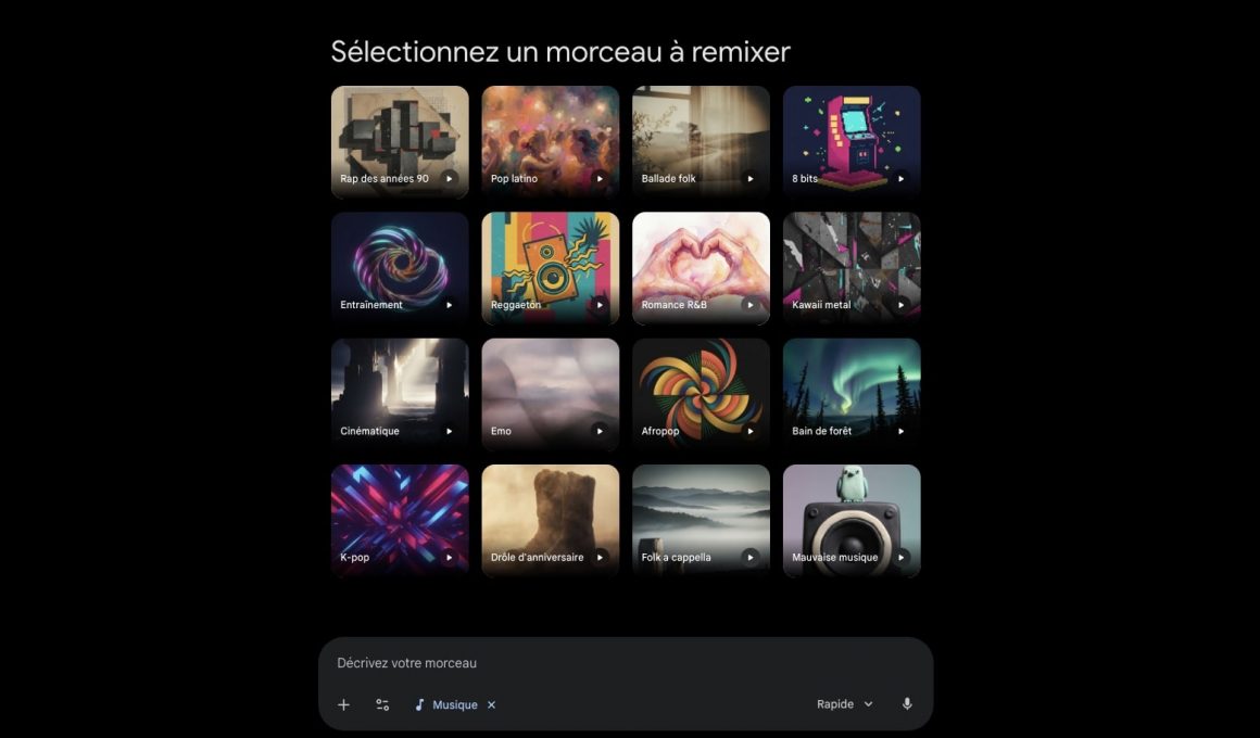 Interface de sélection de morceaux musicaux à remixer.