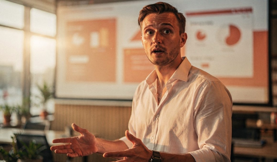 Homme présentant devant un écran de projection