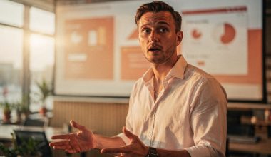 Homme présentant devant un écran de projection