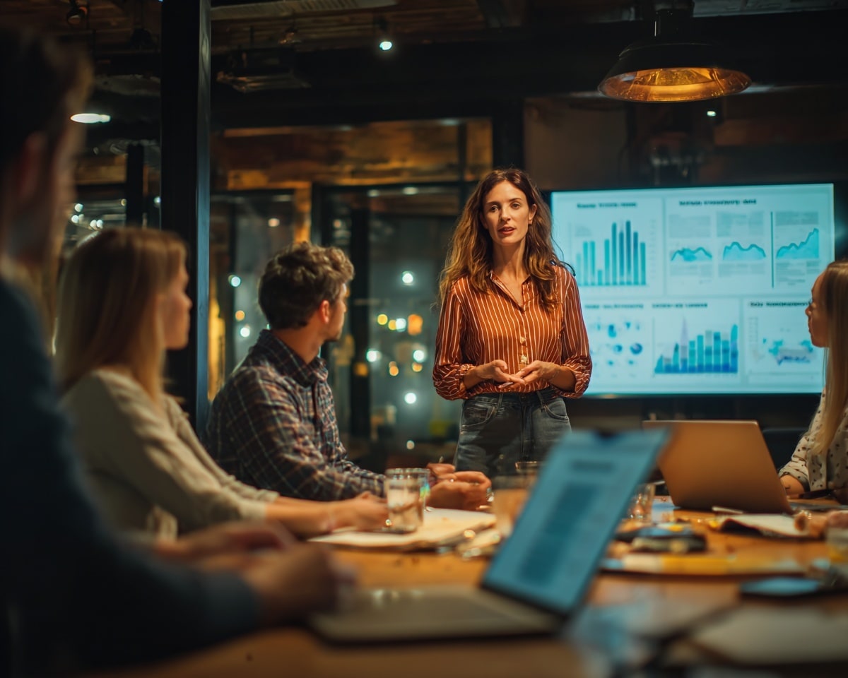 Réunion d'affaires avec présentation de graphiques