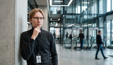 Homme pensif dans un hall moderne