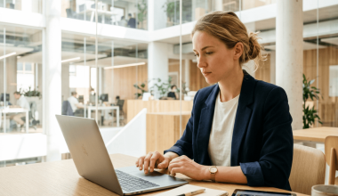 Femme travaillant sur ordinateur portable en open space