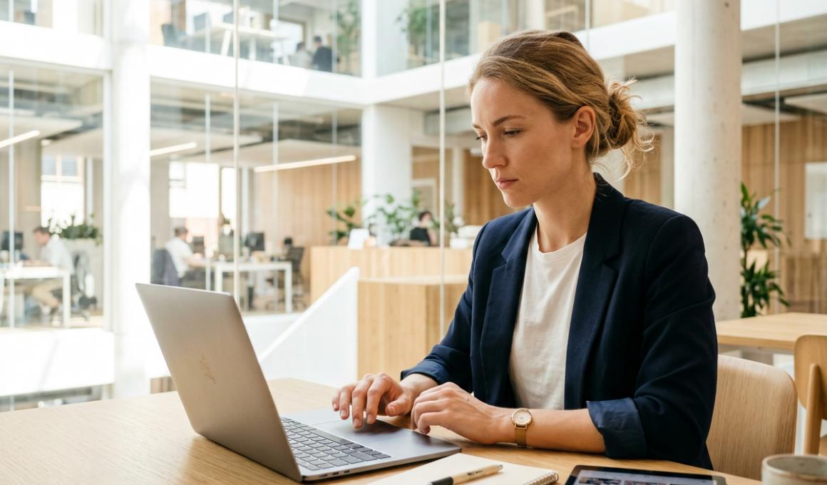 Femme travaillant sur ordinateur portable en bureau moderne