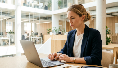 Femme travaillant sur ordinateur portable en bureau moderne
