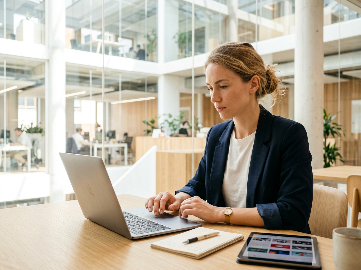 Femme travaillant sur ordinateur portable en bureau moderne