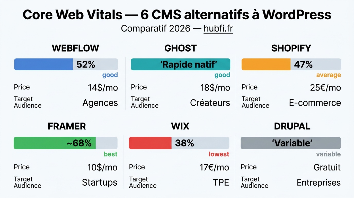Infographie comparative Core Web Vitals des 6 alternatives à WordPress en 2026 : Webflow, Ghost, Shopify, Framer, Wix, Drupal