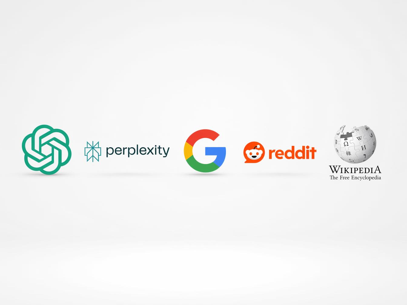 Logos OpenAI, Perplexity, Google, Reddit et Wikipédia