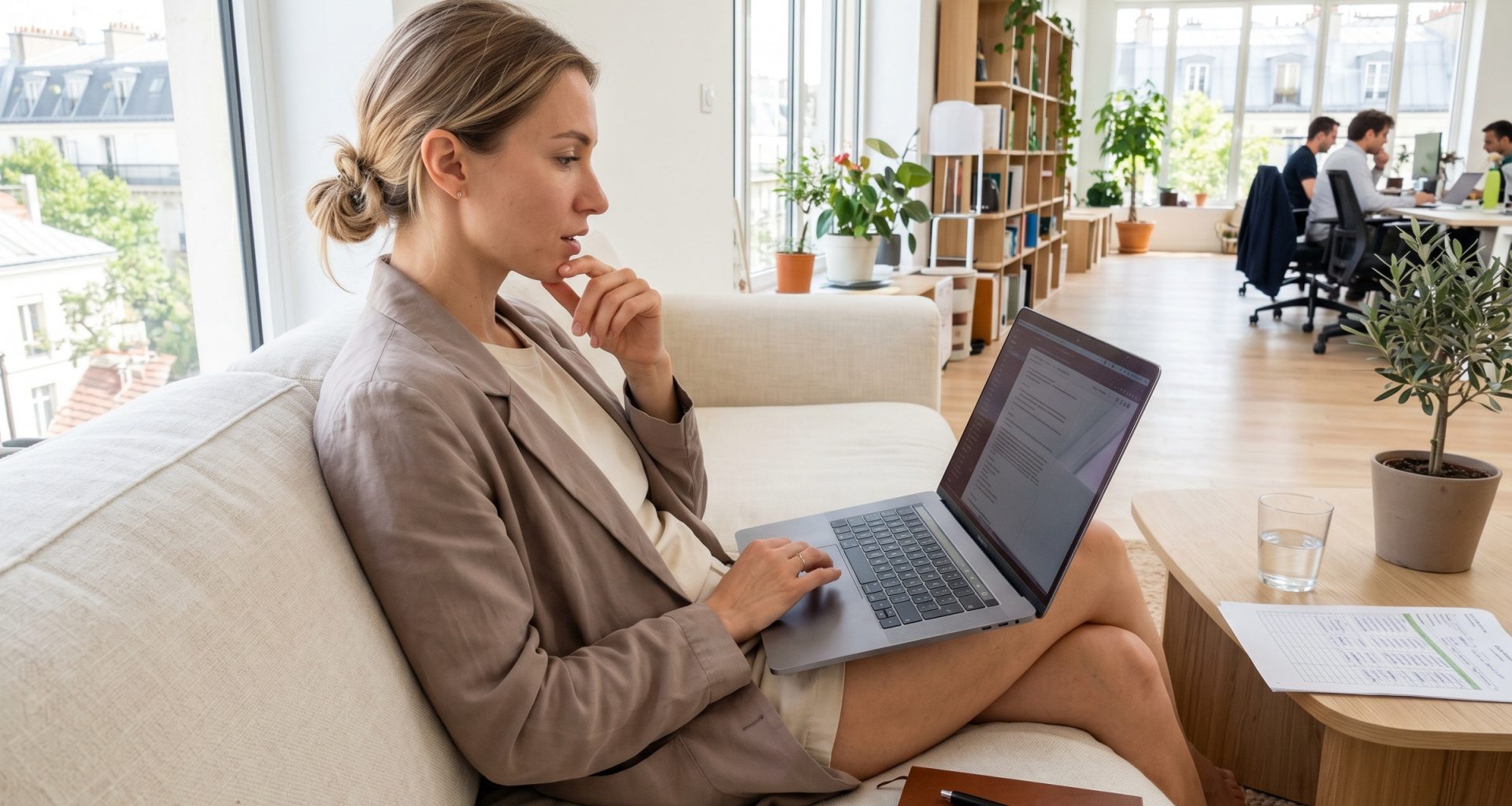 Femme travaillant sur ordinateur portable dans bureau lumineux