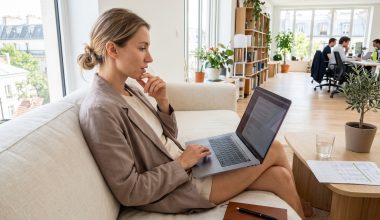 Femme travaillant sur ordinateur portable dans bureau lumineux
