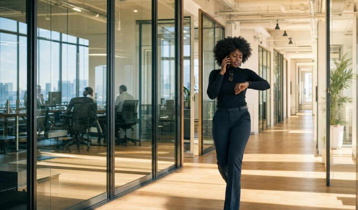 Femme au téléphone dans bureau moderne vitré