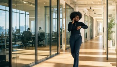 Femme au téléphone dans bureau moderne vitré