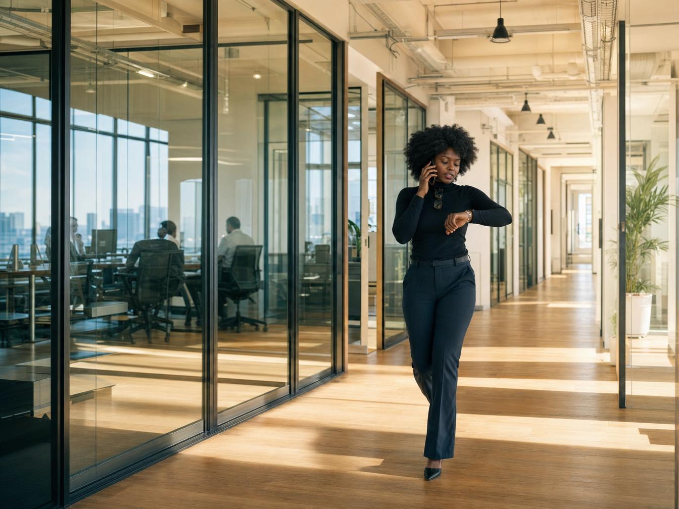 Femme au téléphone dans bureau moderne vitré