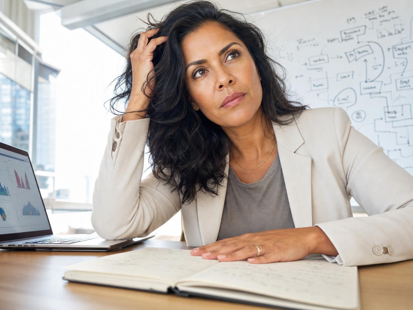 Professionnelle réfléchissant à son bureau avec ordinateur