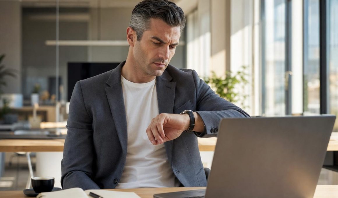 Homme en bureau regardant sa montre devant ordinateur