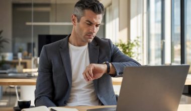 Homme en bureau regardant sa montre devant ordinateur