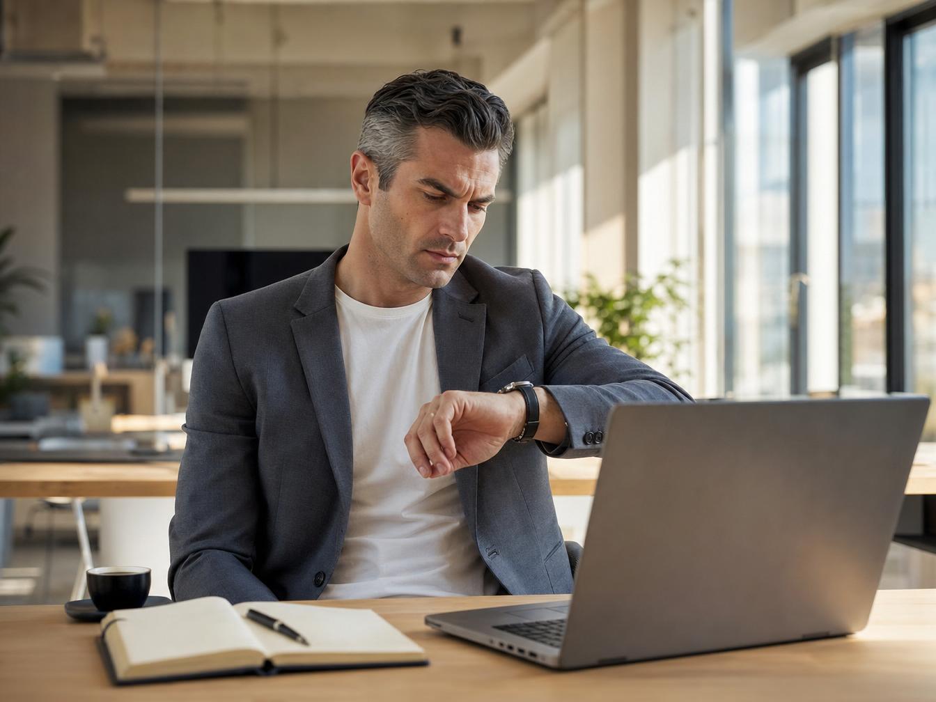 Homme en bureau regardant sa montre devant ordinateur