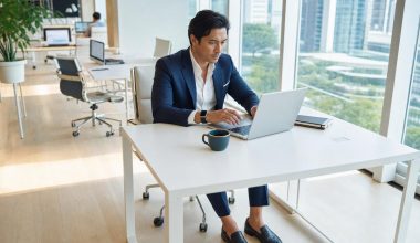 Homme travaillant sur ordinateur dans bureau moderne