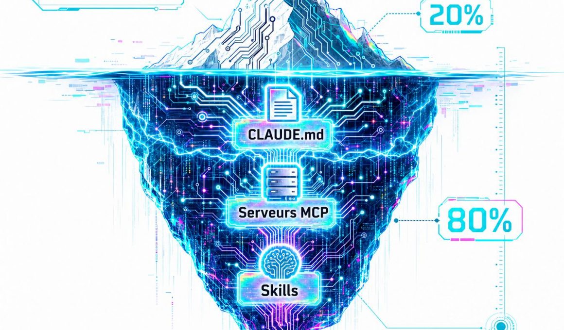 Schéma iceberg Claude Code, serveurs MCP et skills