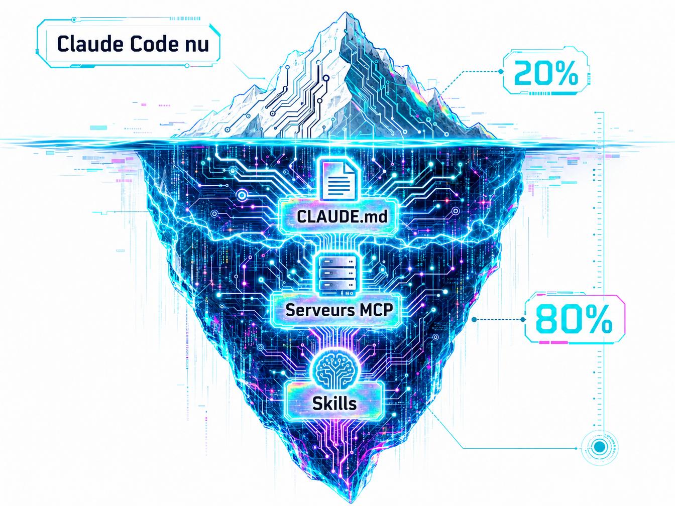 Schéma iceberg Claude Code, serveurs MCP et skills