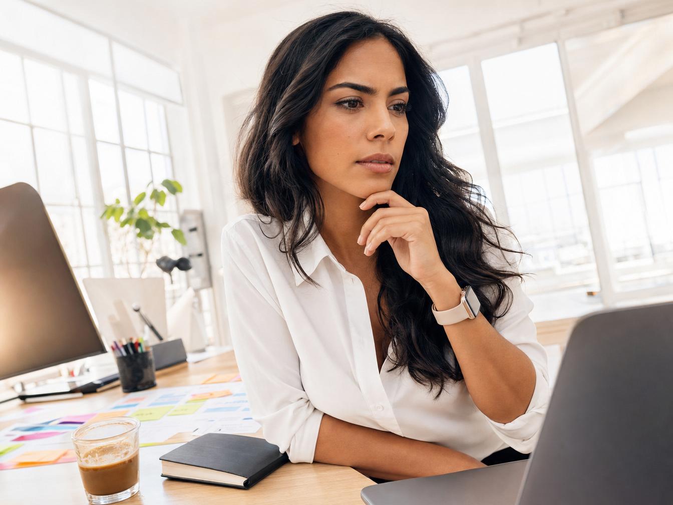 Femme réfléchissant devant ordinateur portable au bureau